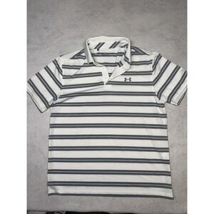 Under Armour Men's Large White Gray Striped Loose Heatgear Golf Polo